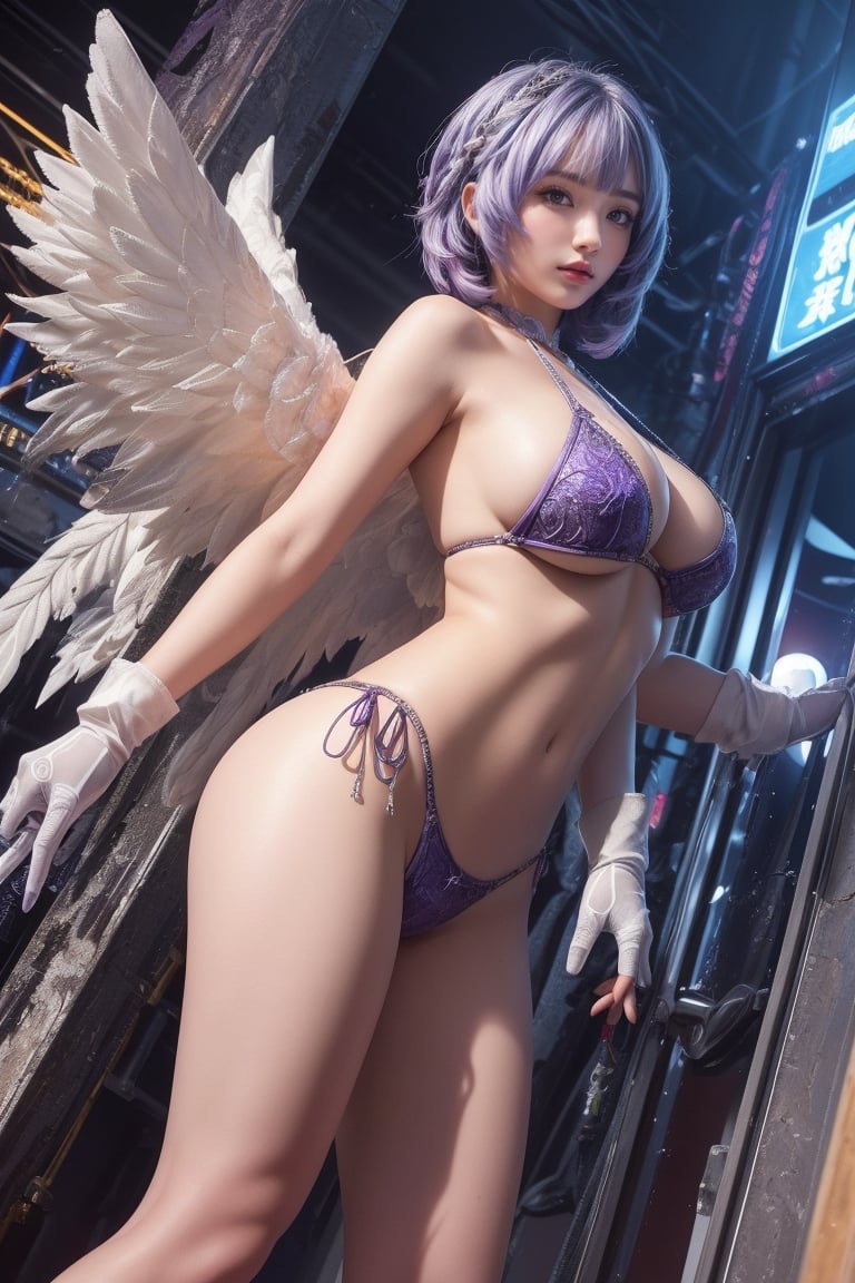 (best quality, masterpiece, colorful, dynamic angle, from below, highest detailed)upper body photo, full body photo, fashion photography of cute mechangel,(1girl, solo, looking at viewer, A closed-lip smile, full body,preface face grey hair,short hair, red eyes, gloves, purple hair, ayane \(doa\) ),,Thrust Stage,catwalk, glowing 4 wings, glowing mechanical 4 wings (intricate details, hyperdetailed:1.15), detailed, light passing through hair, (official art, extreme detailed, highest detailed), HDR+,angel_wings,ayane,halter bikini,helmdef