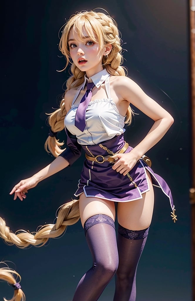 1girl,Long hair , (Long hair past waist braided into a single fishtail braid centered at the back),Layered Bangs, breasts, blush, open mouth, blonde hair, large breasts, thighhighs, bare shoulders,White sleeveless open-back blouse, purple eyes, braid , purple necktie , sleeveless, solo focus ,  clothing cutout, single braid, sideboob , breasts squeezed together , jeanne d'arc \(fate\),Nice legs and hot body,full-body photo,Perfect body,