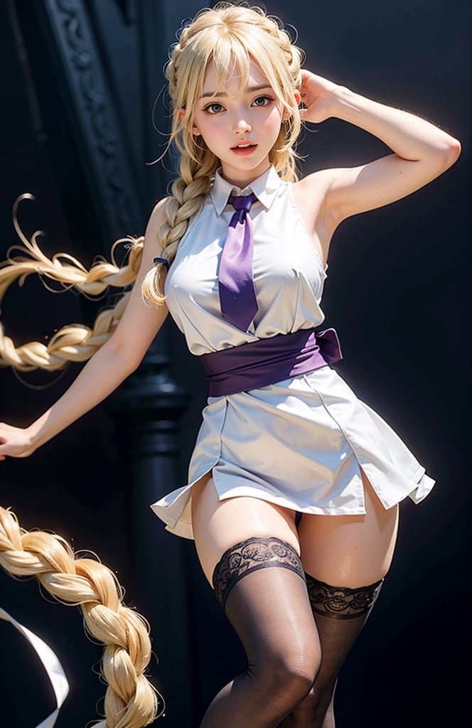 1girl,Long hair , (Long hair past waist braided into a single fishtail braid centered at the back),Layered Bangs, breasts, blush, open mouth, blonde hair, large breasts, thighhighs, bare shoulders,White sleeveless open-back blouse, purple eyes, braid , purple necktie , sleeveless, solo focus ,  clothing cutout, single braid, sideboob , breasts squeezed together , jeanne d'arc \(fate\),Nice legs and hot body,full-body photo,Perfect body,