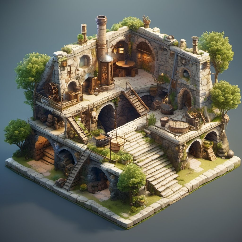 8k, RAW photos, top quality, masterpiece: 1.3),
medieval era ,Mine shaft underground
, miniature, landscape, depth of field, ladder,  from above, English text,architecture, tree, potted plants, isometric style, simple background, white background,3d isometric,steampunk style,ff14bg,DonMSt33lM4g1cXL,DonMD0n7P4n1cXL