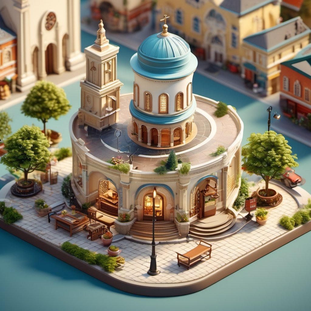 8k, RAW photos, top quality, masterpiece: 1.3), a church a circular fountain, a shopping store, a college , and a small square , miniature, landscape, depth of field, ladder, table, from above, English text, chair, lamp, coffee, architecture, tree, potted plants, isometric style, simple background, white background,3d isometric