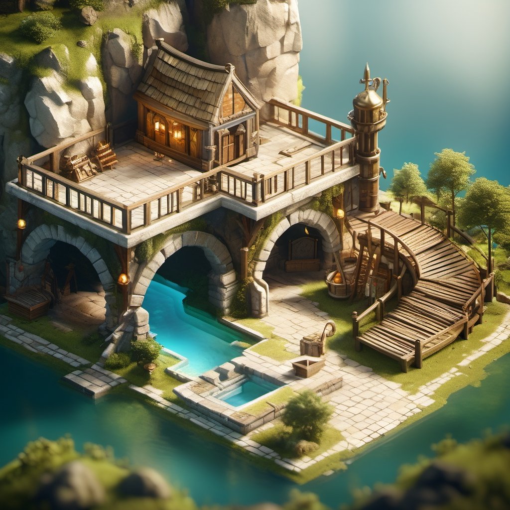 8k, RAW photos, top quality, masterpiece: 1.3),
Medieval guild
, miniature, landscape, depth of field, ladder,  from above, English text,Ore, cave, torch,Underground lake, isometric style, simple background, white background,3d isometric,steampunk style,ff14bg,DonMSt33lM4g1cXL,DonMD0n7P4n1cXL