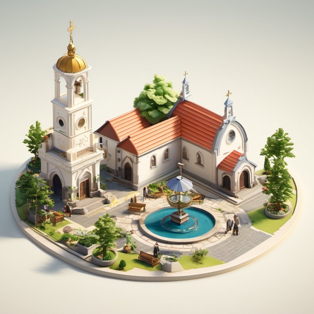 8k, RAW photos, top quality, masterpiece: 1.3), In front of the church is a circular fountain, with a shopping street on the left, a theological college on the right, and a small square , miniature, landscape, depth of field, ladder, table, from above, English text, chair, lamp, coffee, architecture, tree, potted plants, isometric style, simple background, white background,3d isometric