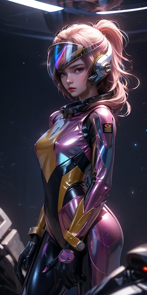 a girl, thunder yellow jacket, tight suit,Space helm of the 1960s,and the anime series G Force of the 1980s,Darf Punk wlop glossy skin, ultrarealistic sweet girl, space helm 60s, holographic, holographic texture, the style of wlop, space, ,helenadouglas