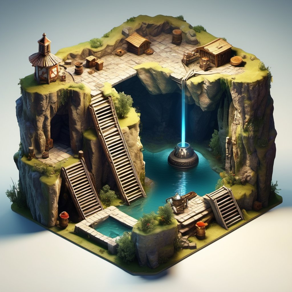 8k, RAW photos, top quality, masterpiece: 1.3),
medieval era ,Mine shaft underground
, miniature, landscape, depth of field, ladder,  from above, English text,Ore, cave, torch,Underground lake, isometric style, simple background, white background,3d isometric,steampunk style,ff14bg,DonMSt33lM4g1cXL,DonMD0n7P4n1cXL