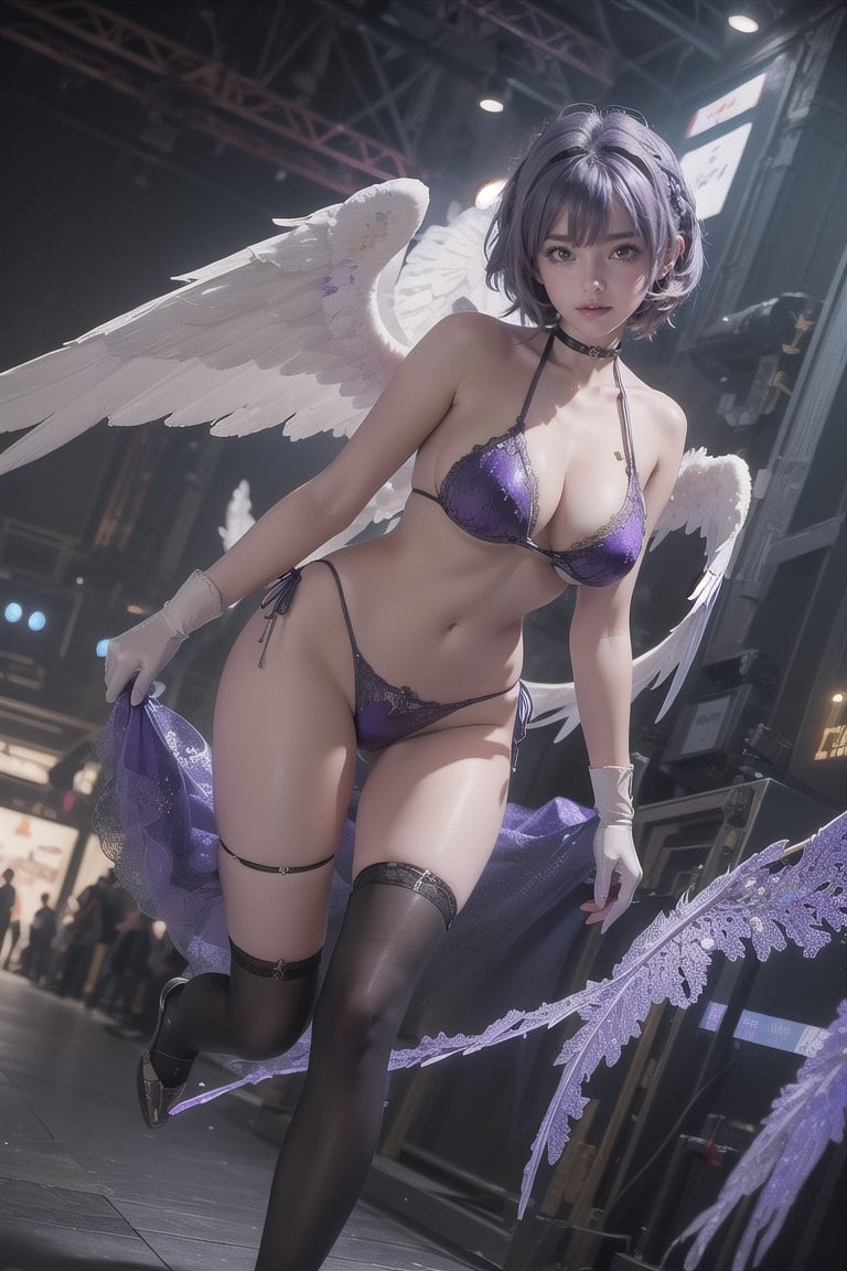 (best quality, masterpiece, colorful, dynamic angle, from below, highest detailed)upper body photo, full body photo, fashion photography of cute mechangel,(1girl, solo, looking at viewer, A closed-lip smile, full body,preface face grey hair,short hair, red eyes, gloves, purple hair, ayane \(doa\) ),Thrust Stage,catwalk, glowing 4 wings, glowing mechanical 4 wings (intricate details, hyperdetailed:1.15), detailed, light passing through hair, (official art, extreme detailed, highest detailed), HDR+,angel_wings,ayane,halter bikini,helmdef