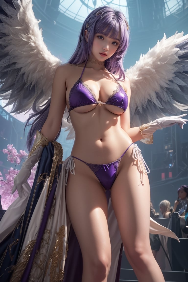 (best quality, masterpiece, colorful, dynamic angle, from below, highest detailed)upper body photo, full body photo, fashion photography of cute mechangel,(1girl, solo, looking at viewer, A closed-lip smile, full body,preface face grey hair,short hair, red eyes, gloves, purple hair, ayane \(doa\) ),Thrust Stage,catwalk, glowing 4 wings, glowing mechanical 4 wings (intricate details, hyperdetailed:1.15), detailed, light passing through hair, (official art, extreme detailed, highest detailed), HDR+,angel_wings,ayane,halter bikini,helmdef