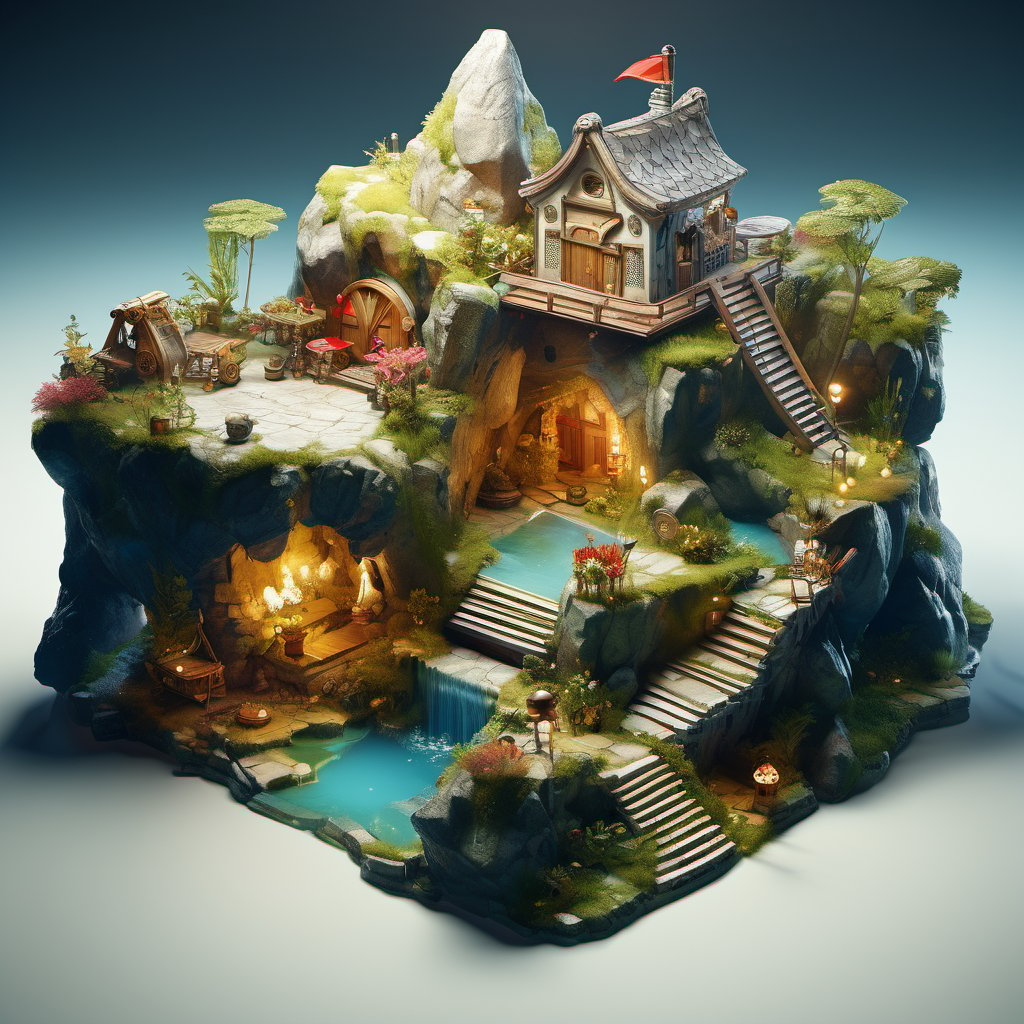 8k, RAW photos, top quality, masterpiece: 1.3),
A fantasy fairy village
, miniature, landscape, depth of field, ladder,  from above, English text,Ore, cave, torch,Underground lake, isometric style, simple background, white background,3d isometric,steampunk style,ff14bg,DonMSt33lM4g1cXL,DonMD0n7P4n1cXL