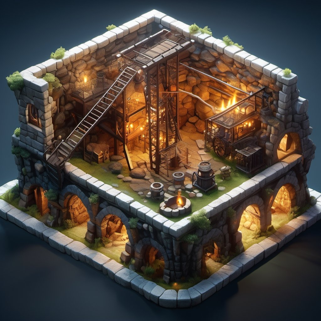 8k, RAW photos, top quality, masterpiece: 1.3),
medieval era ,Mine shaft underground
, miniature, landscape, depth of field, ladder,  from above, English text,Ore, cave, torch, isometric style, simple background, white background,3d isometric,steampunk style,ff14bg,DonMSt33lM4g1cXL,DonMD0n7P4n1cXL