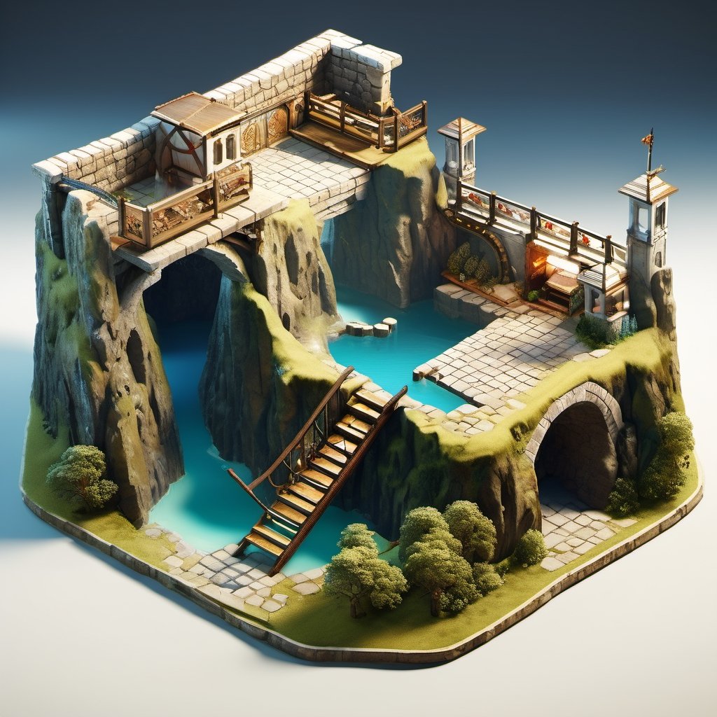 8k, RAW photos, top quality, masterpiece: 1.3),
Medieval guild
, miniature, landscape, depth of field, ladder,  from above, English text,Ore, cave, torch,Underground lake, isometric style, simple background, white background,3d isometric,steampunk style,ff14bg,DonMSt33lM4g1cXL,DonMD0n7P4n1cXL