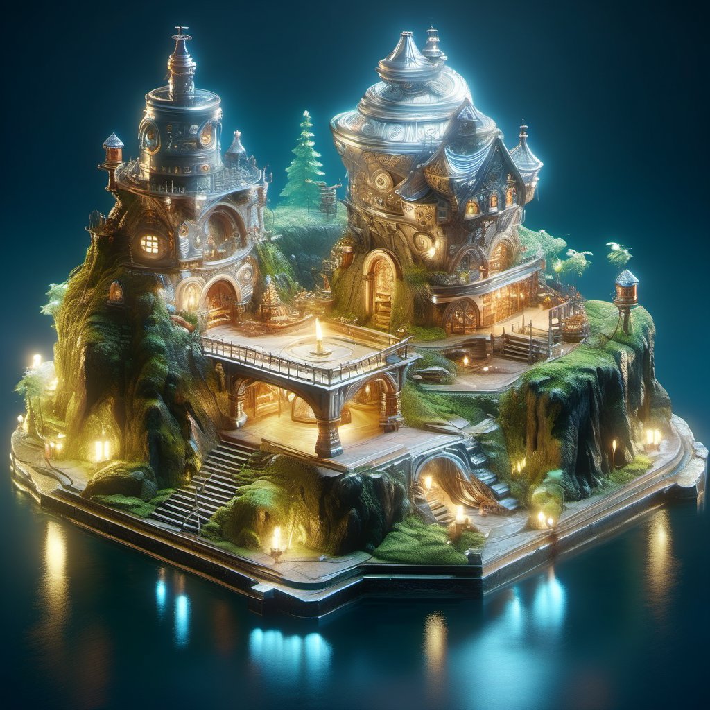 8k, RAW photos, top quality, masterpiece: 1.3),
A fantasy fairy village
, miniature, landscape, depth of field, ladder,  from above, English text,Ore, cave, torch,Underground lake, isometric style, simple background, white background,3d isometric,steampunk style,ff14bg,DonMSt33lM4g1cXL,DonMD0n7P4n1cXL