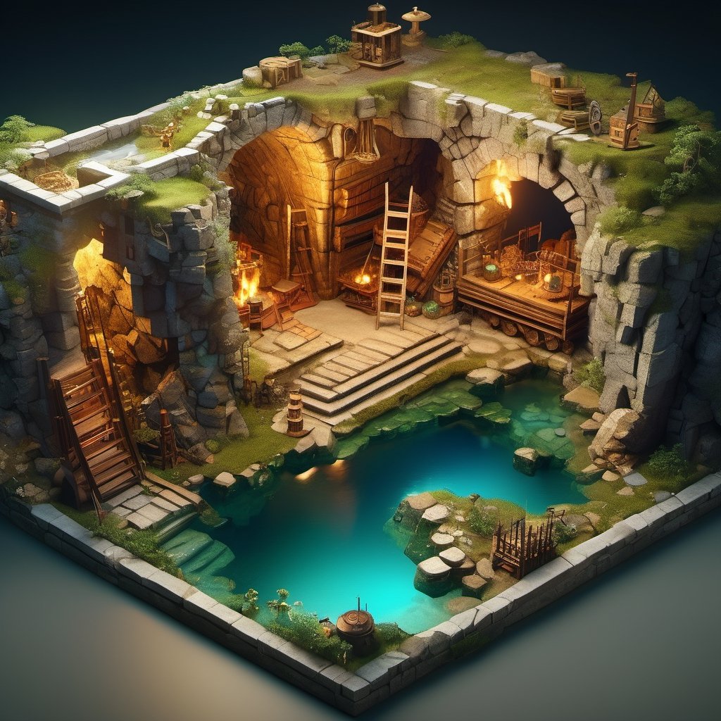 8k, RAW photos, top quality, masterpiece: 1.3),
medieval era ,Mine shaft underground
, miniature, landscape, depth of field, ladder,  from above, English text,Ore, cave, torch,Underground lake, isometric style, simple background, white background,3d isometric,steampunk style,ff14bg,DonMSt33lM4g1cXL,DonMD0n7P4n1cXL