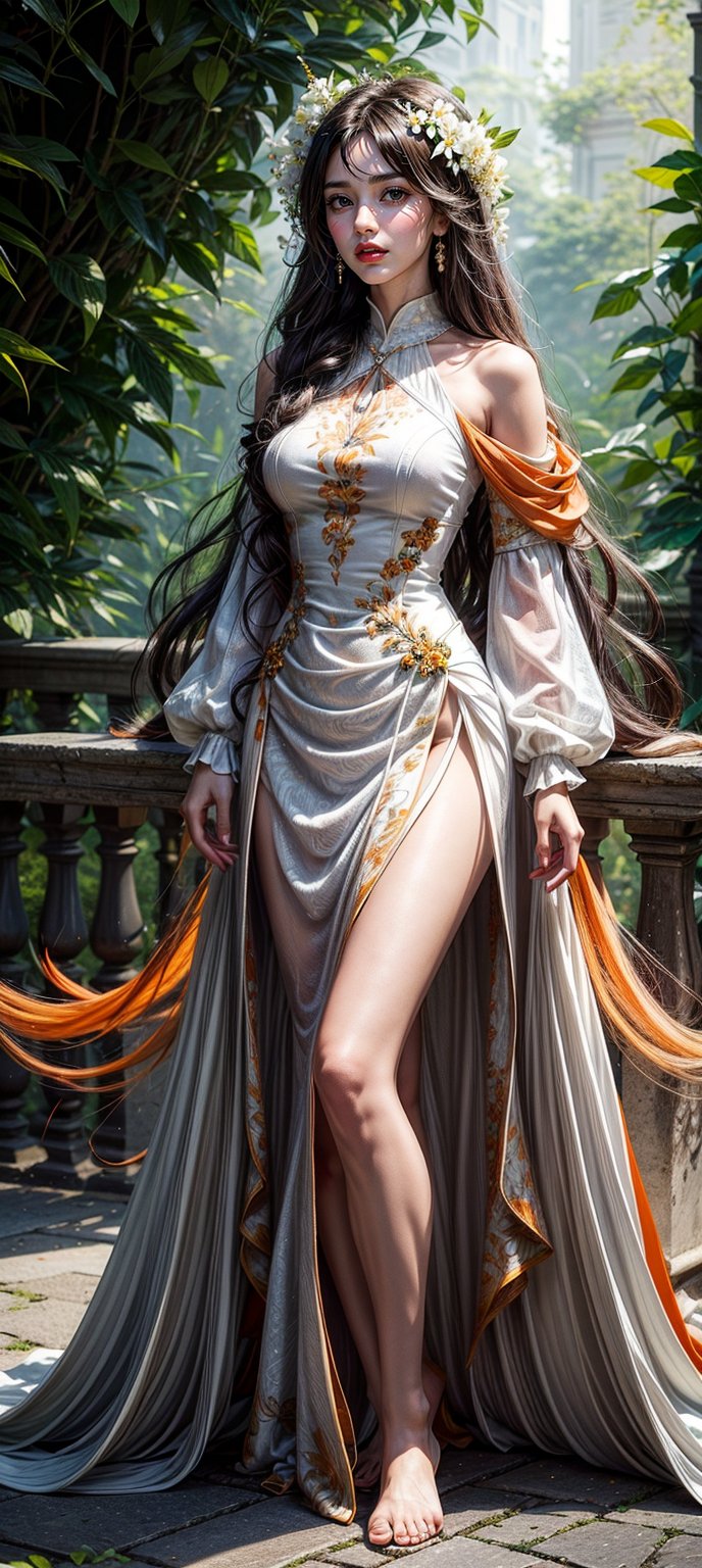 Create an artwork of a person with long, flowing hair intertwined with an array of white and orange flowers, wearing a garment that harmonizes with the botanical surroundings. The overall atmosphere should evoke an ethereal and dreamlike essence. 



 