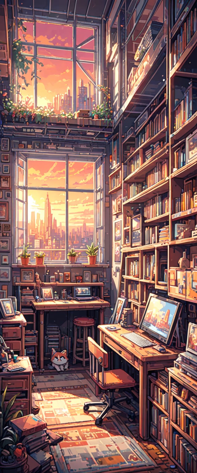 

Prompt: A lo-fi pixel art scene of an artist's studio with large windows overlooking the city, bathed in warm pink and orange hues during sunset. The room is filled with various painting supplies and canvases on shelves, while a Cat sits at their desk surrounded by books and sketches, adding to the cozy atmosphere. In the background, you can see tall buildings outside, adding depth to the scene. --ar 9:16 --style raw --stylize 750