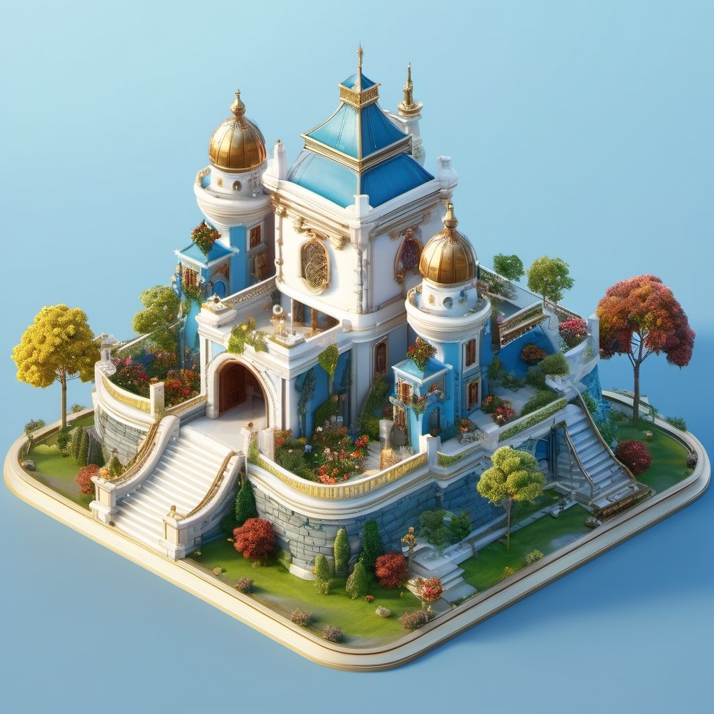 8k, RAW photos, top quality, masterpiece: 1.3),
Luxury Blue Babylon castle with different colors of flowers and trees outside the castle
, miniature, landscape, depth of field, ladder,  from above, English text,architecture, tree, potted plants, isometric style, simple background, white background,3d isometric,steampunk style,ff14bg,DonMSt33lM4g1cXL,DonMD0n7P4n1cXL