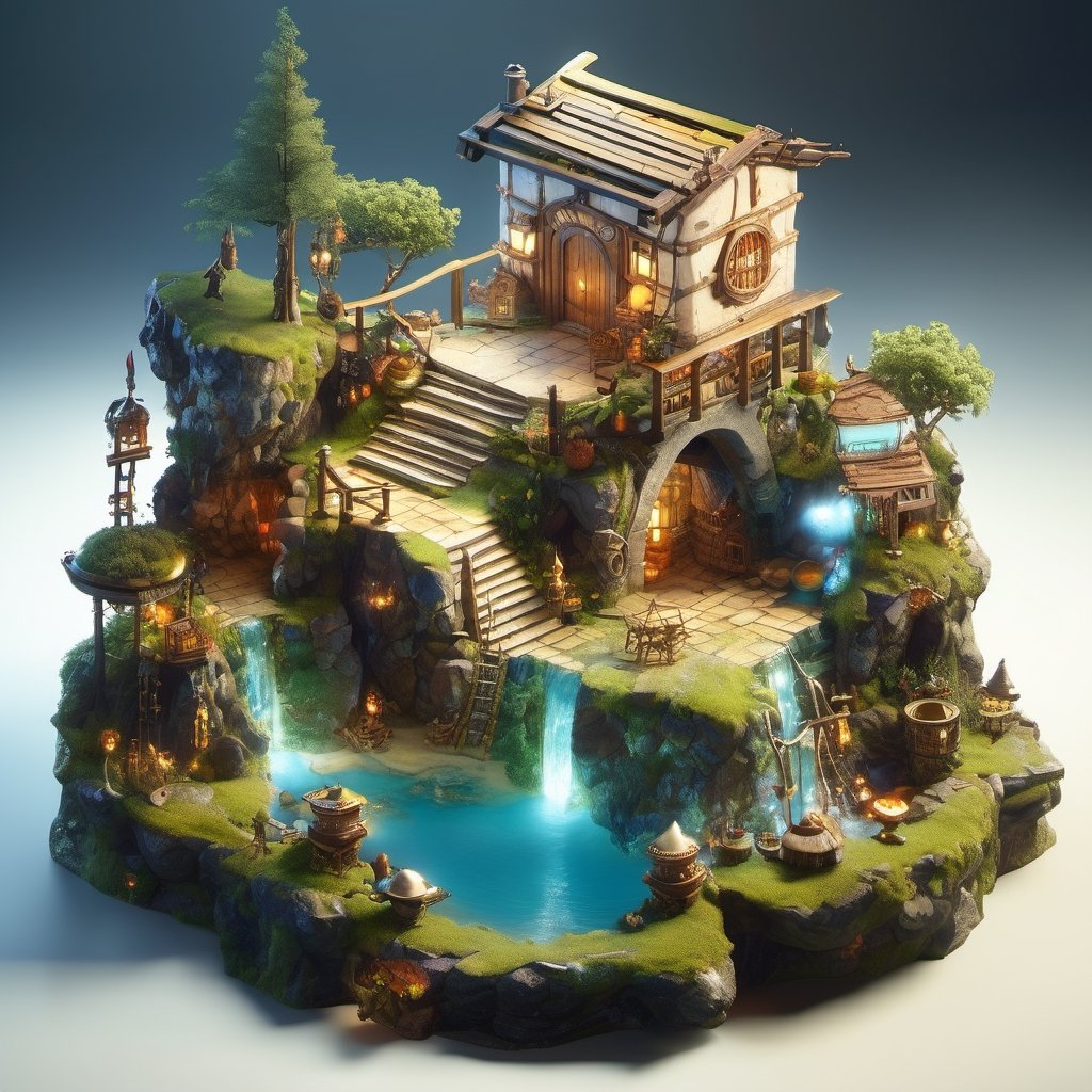 8k, RAW photos, top quality, masterpiece: 1.3),
A fantasy fairy village
, miniature, landscape, depth of field, ladder,  from above, English text,Ore, cave, torch,Underground lake, isometric style, simple background, white background,3d isometric,steampunk style,ff14bg,DonMSt33lM4g1cXL,DonMD0n7P4n1cXL