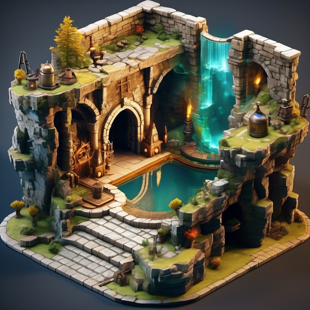 8k, RAW photos, top quality, masterpiece: 1.3),
A fantasy Dwarf Fortress
, miniature, landscape, depth of field, ladder,  from above, English text,Ore, cave, torch,Underground lake, isometric style, simple background, white background,3d isometric,steampunk style,ff14bg,DonMSt33lM4g1cXL,DonMD0n7P4n1cXL