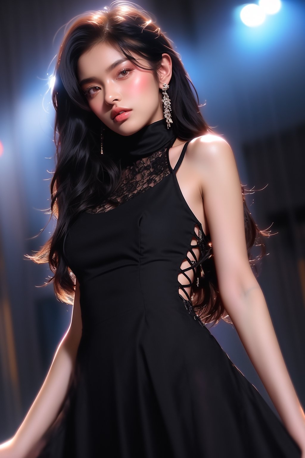 Lovely cute young attractive indian girl, 25 years old, cute model, long black_hair, black hair, wearing a party dress, lace up dress, red dress, high hills, Light particles and spark