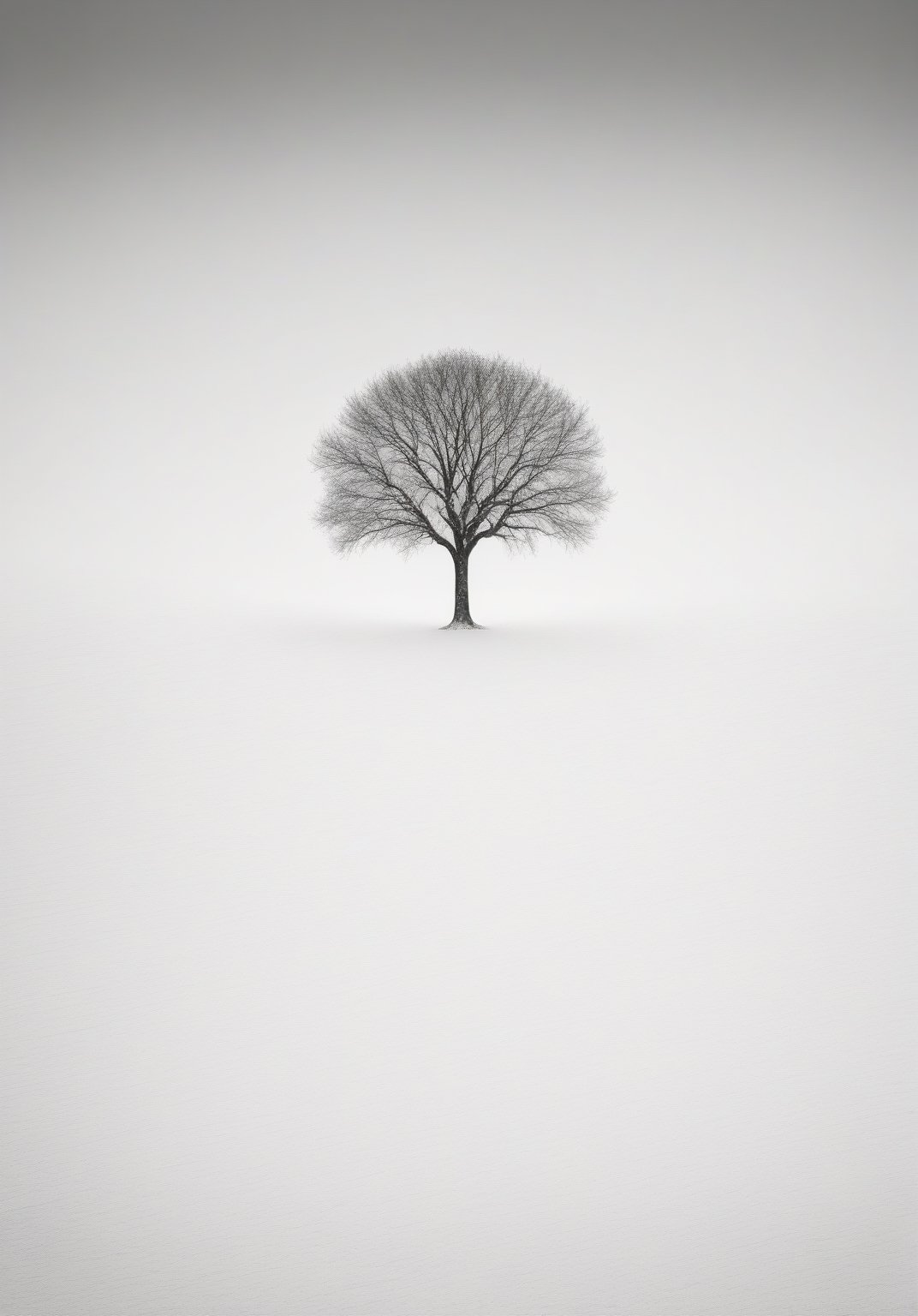 a lone tree in the middle of a snowy field, a black and white photo by Petr Brandl, trending on unsplash, postminimalism, creative commons attribution, ambient occlusion, minimalist