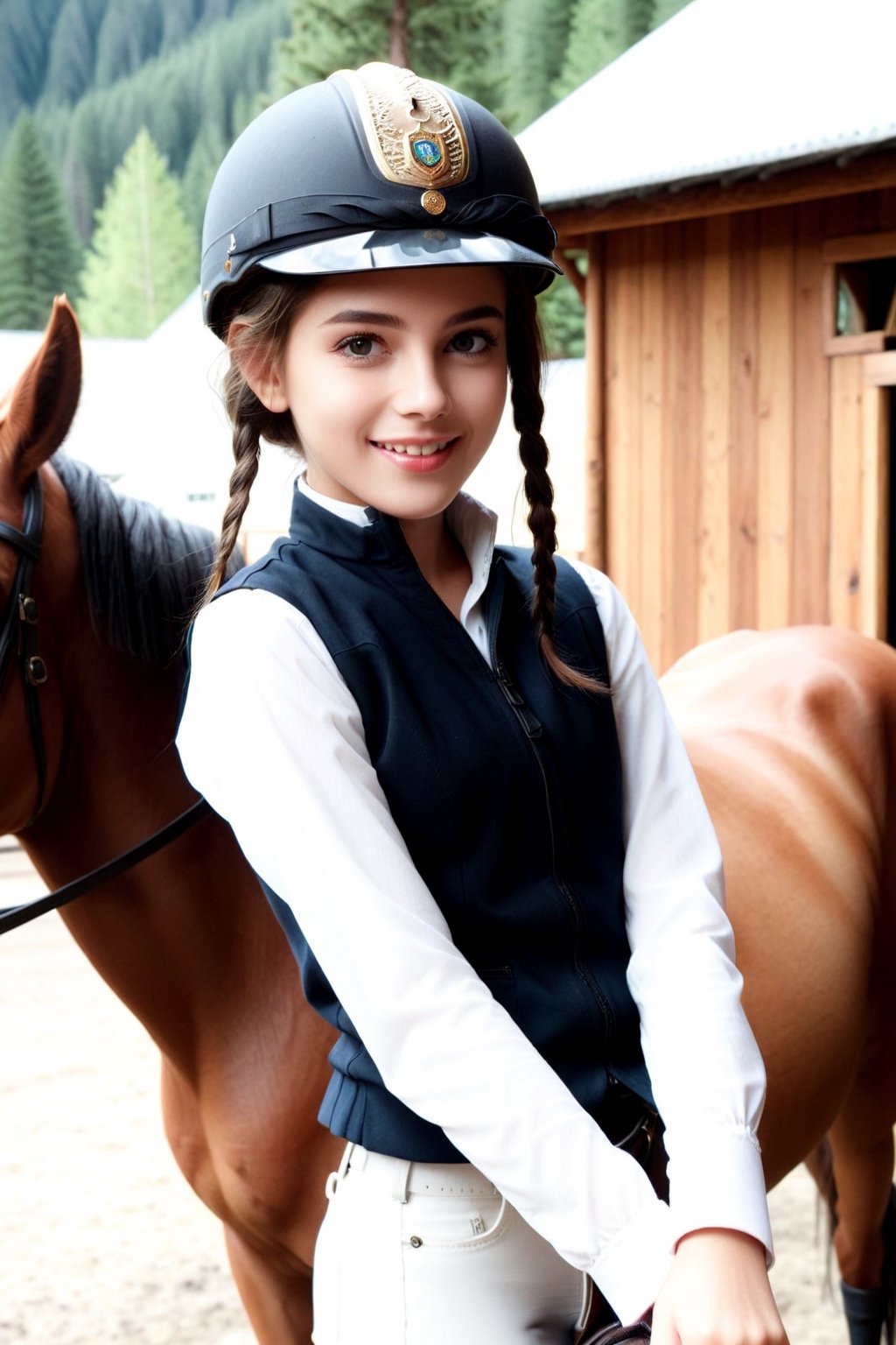 realhands Very detailed, high quality, masterpiece, beautiful and perfect eyes, realistic photo, (medium shot) 12 year old teenager, teenager's body, with long dark brown hair, trige, dark complexion, light brown eyes, small body, She smiles, she is very happy, she has a riding cap, riding jacket, high-necked blouse, tight riding pants and black riding boots, she is inside a stable, there are horses and she looks at the viewer with joy, it is somewhere place in Oregon USA, in the background is a coniferous forest, photorealistic, AIDA_LoRA_HanF