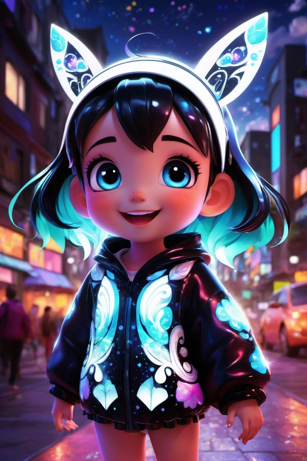 LoA vibrant, animated illustration of the Hada Bebe character, adorned in a multicolored, glowing outfit with phosphorescent lights. The character's face is illuminated, showing a beaming smile as their eyes sparkle. The background is a captivating blend of cinematic elements, including a cityscape, a 3D render, and a painting-inspired sky. The overall ambiance is lively, with a touch of whimsy, as if it's straight out of an anime series. Black and white wallpaper 