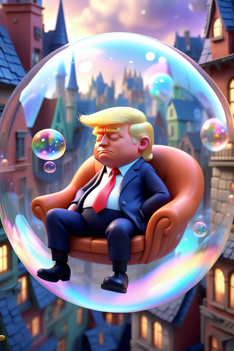 a Trump sleeping peacefully inside a soap bubble, floating above a fairytale city, cute 3d character, pixar style, fantasy and dream atmosphere