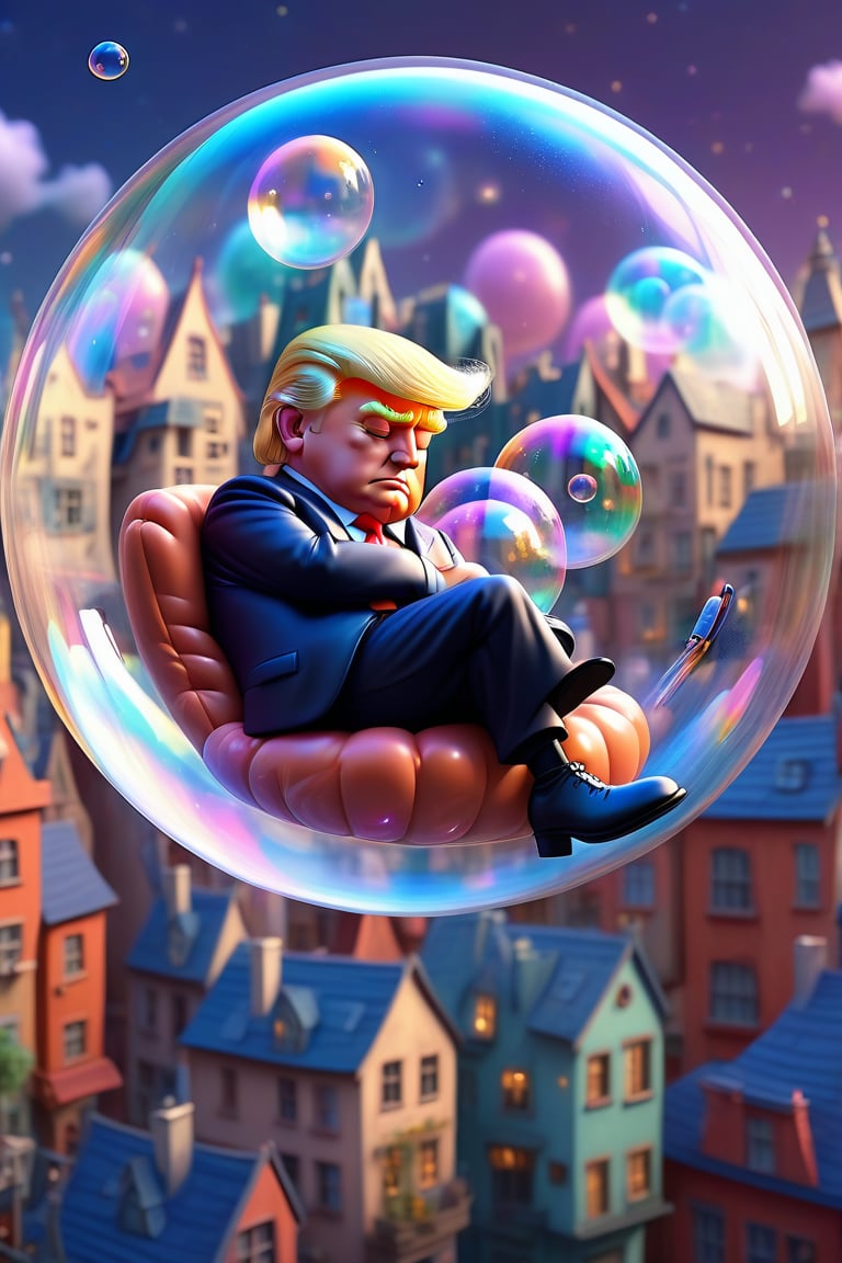 a Trump sleeping peacefully inside a soap bubble, floating above a fairytale city, cute 3d character, pixar style, fantasy and dream atmosphere