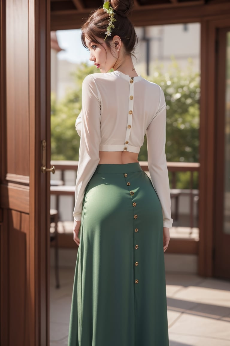 photorealistic, high resolution, masterpiece, best quality ,ultra-detailed, 1women, hair bun , jesmine flower on the head,  mature female, solo, hips up, (wearing acmmsayarma outfit, acmmsayarma white top with buttons, long sleeves), ((acmmsayarma green long skirt)) view from behind,shine and bright,Breasts ,Nipples ,1 girl 