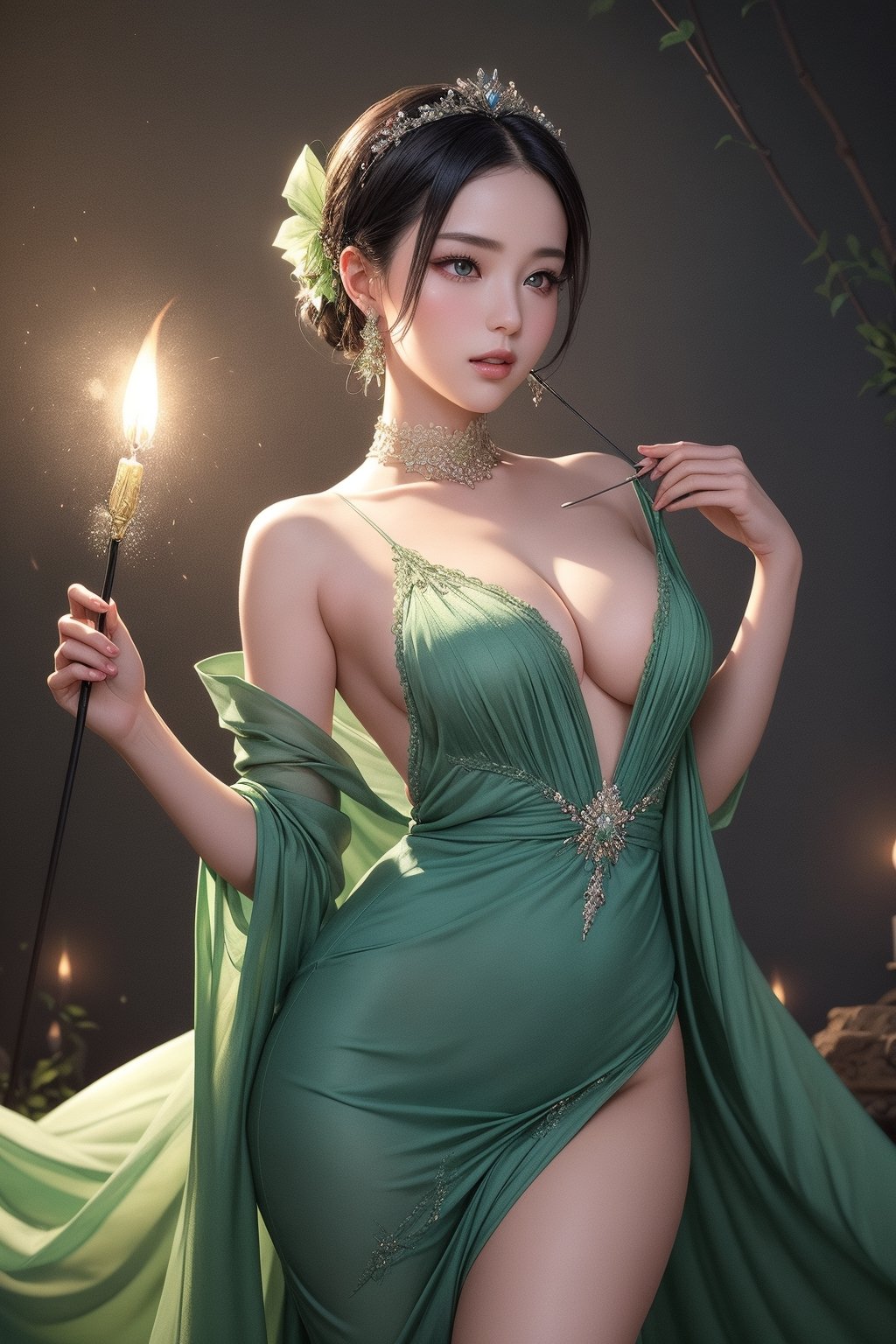 The woman has a beautiful face, tall and slender, with a swallowtail-shaped hairpin hanging down her head, a graceful body, and is wearing a light green long gown. She shines under the candlelight, filled with fairy spirit, and is calm and composed. , elegant and refined, like a beautiful fairy who descends from heaven without eating fireworks.