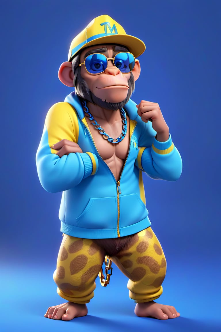 Create a 3D ape character in a blue portrait background, NFT ape, ape wearing stylish and expensive clothes, wears expensive chain, wears neon sunglasses, wears hat. 3d realistic cartoonic style, full image, disney pixar style