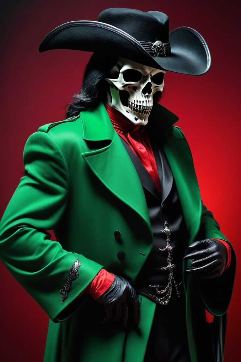 Grim Reaper as a pimp form 1970’s wearing a zoot suit style outfit, Black and green and red outfit, Dynamic Pose, simple-background, HD resolution, Insane detail, hyper realism, Dramatic lighting, Grim Reaper Inspired, holding a raven skull head Cain, wearing a black Feathery pimp hat, Ravens incorporated, Ravens within the art photo, 

Danger 
Dangerous 
Very dangerous 
Very danger 

