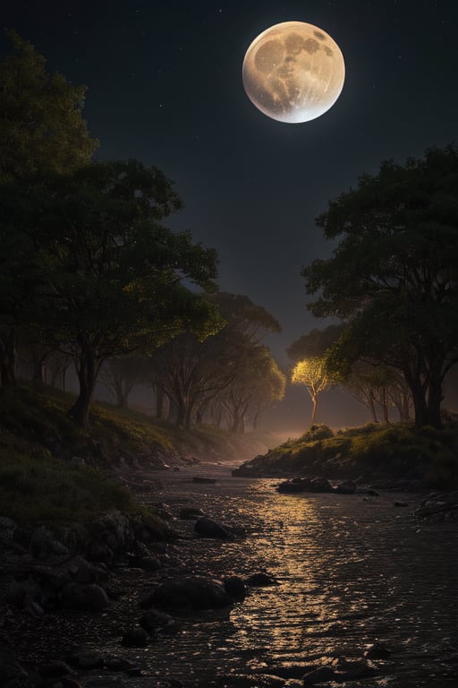 A serene fantasy scene unfolds beneath a radiant moonlit sky. A gnarled tree, its branches stretching towards the heavens like nature's own cathedral. In the distance, an alien figure emerges from the misty river, its bioluminescent scales shimmering in harmony with the lunar glow.,photorealistic, perfect lighting, 