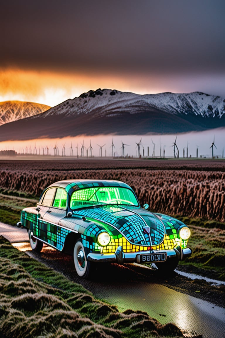 by Tom Fruin, Airbrush painting, landscape of a 1950'S Luminescent (Fen:1.1) and Electric Vehicle, mountains, Foggy conditions, Movie still, back-light, Flickr, sport car 
