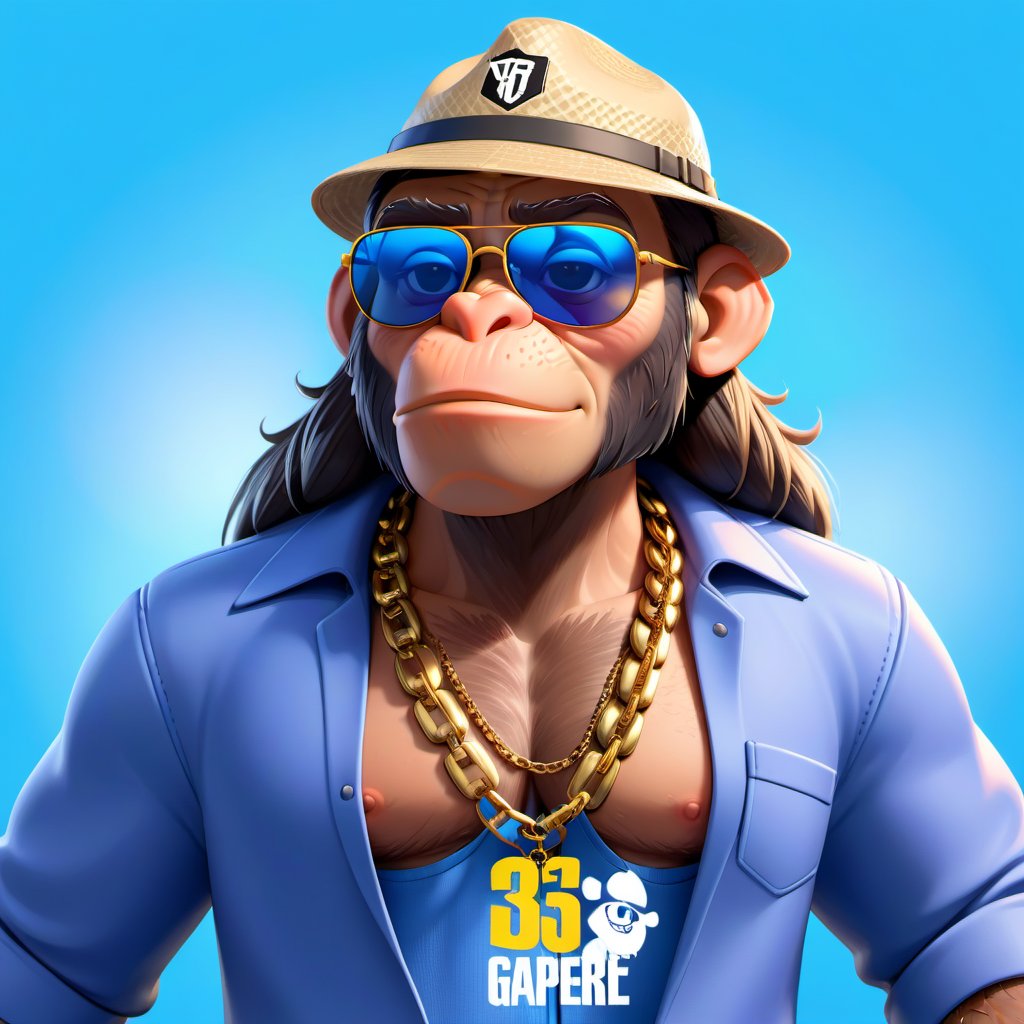 Create a 3D ape character in a blue portrait background, NFT ape, ape wearing stylish and expensive clothes, wears expensive chain, wears sunglasses, wears hat. Gta cartoon style, full image, disney pixar style