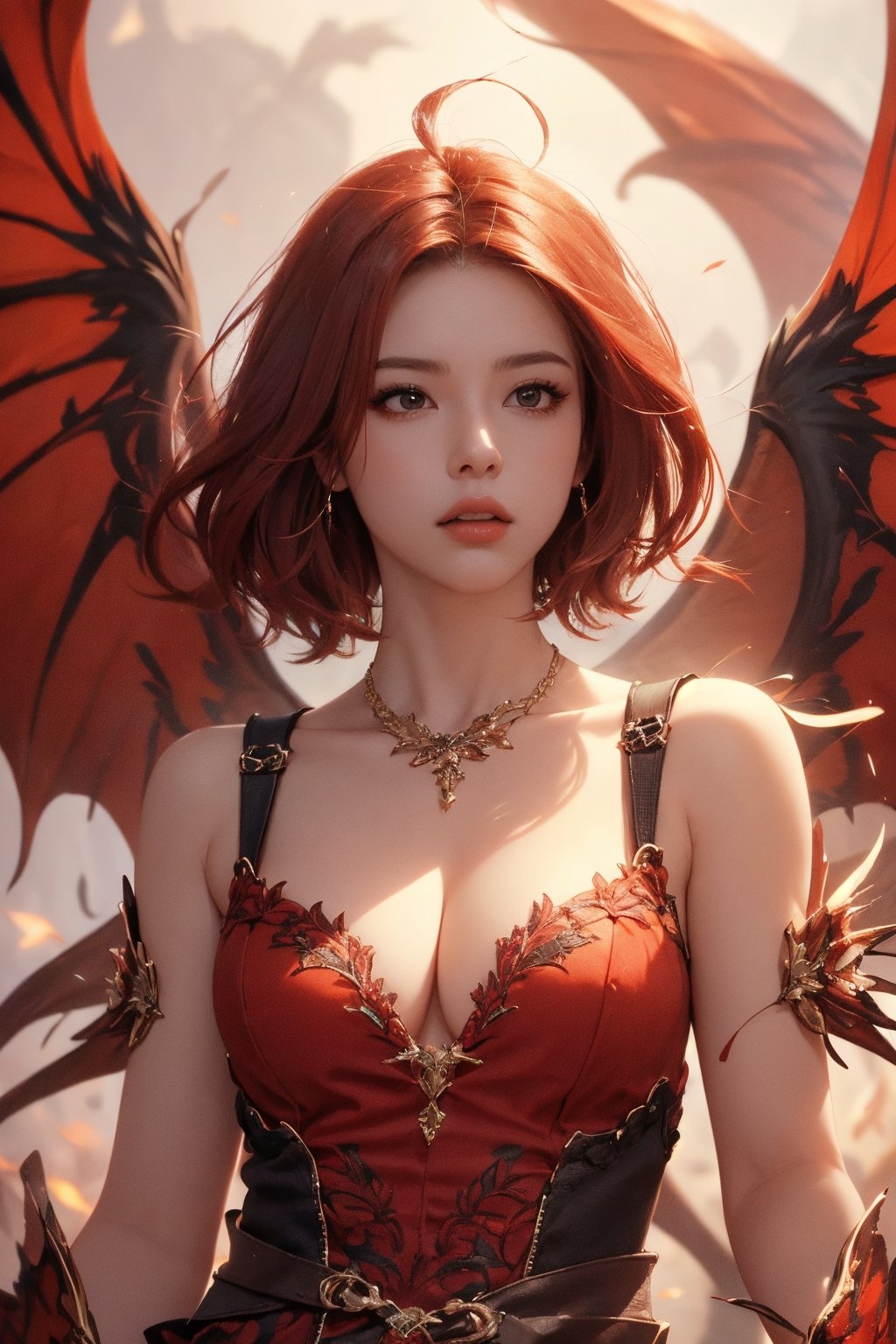 short red hair, 1girl, accessories, piercing, intricate background, fantasy, mythical, misterious, masterpiece, best quality, dynamic angle, cinematic composition, detailed face, fire bang background, fire wings,1 girl