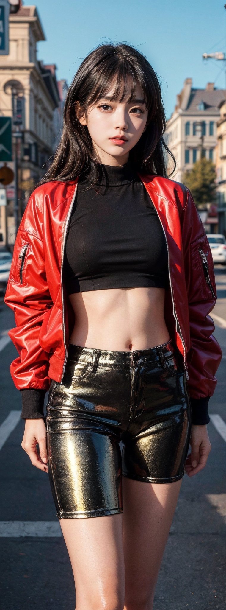 girl, bangs, long hair, view viewer, parted lips, catwalk,(high fashion), (shiny skin), (Masterpiece: 1.4), (Best Quality: 1.4), Red Lips, sweet girl,on the road:1.4, street:1.4, crop short legging, bomber jacket, croptop, luxury car nearby