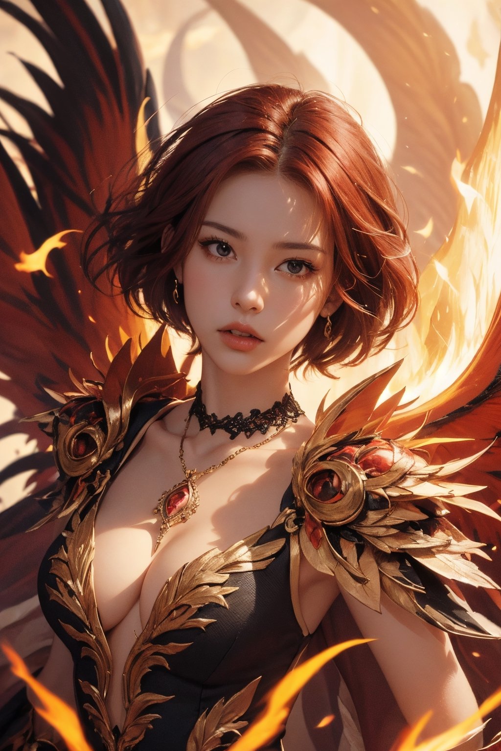 short red hair, 1girl, accessories, piercing, intricate background, fantasy, mythical, misterious, masterpiece, best quality, dynamic angle, cinematic composition, detailed face, fire bang background, fire wings,fire clothing