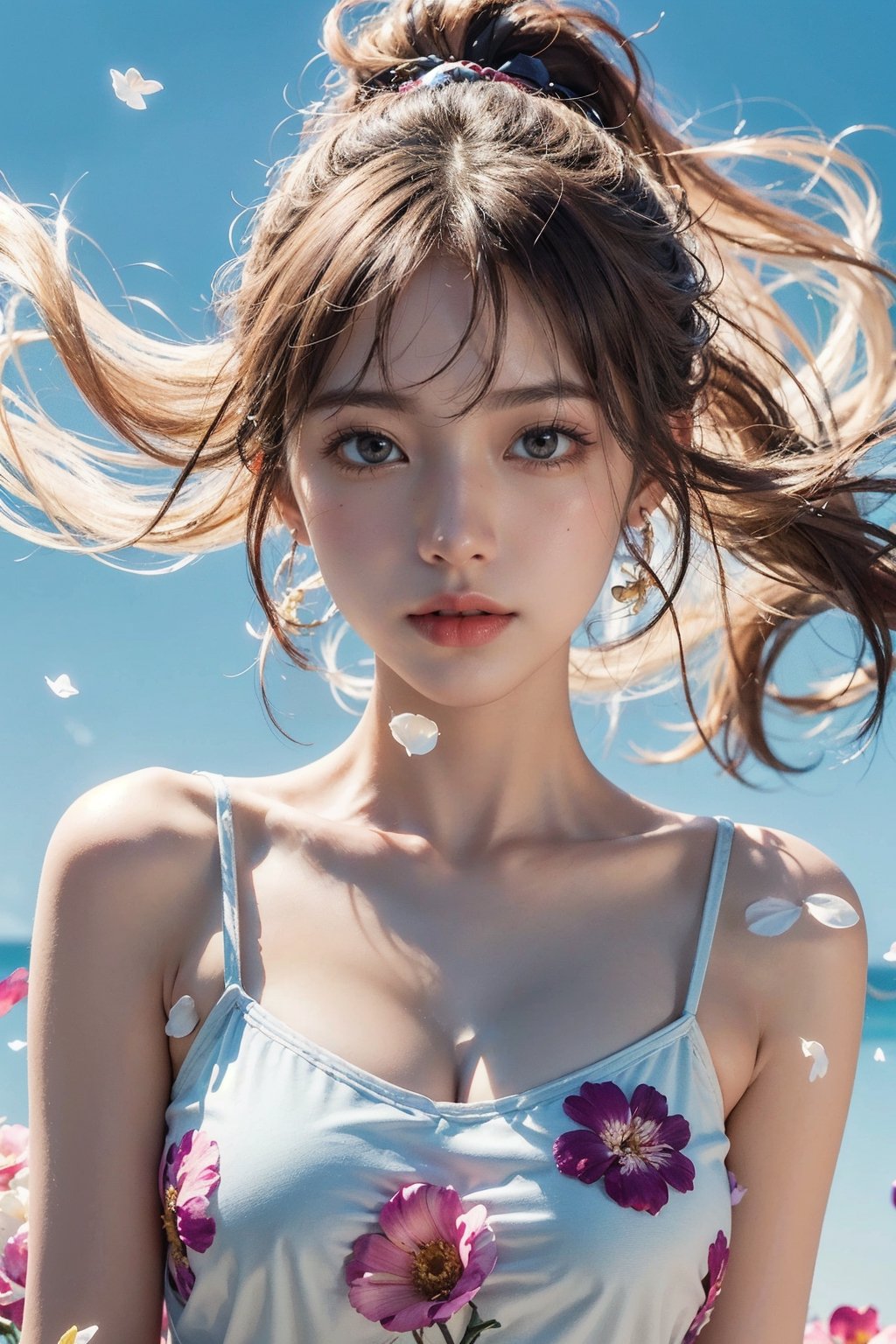 (masterpiece), (best quality), (ultra detailed),(disheveled hair),(illustration), (1girl), (camisole clothing), standing, Fashion model, looking at viewer, (interview), (simple background),beautiful detailed eyes, delicate beautiful face, Floating,(high saturation),(colorful splashes),colorful bubble,(shining), focus on face, ponytail, kamisato ayaka, light pink hair, bangs, hair ring, floating flowers, floating hairs, (shining), best lighting, best shadow, breast