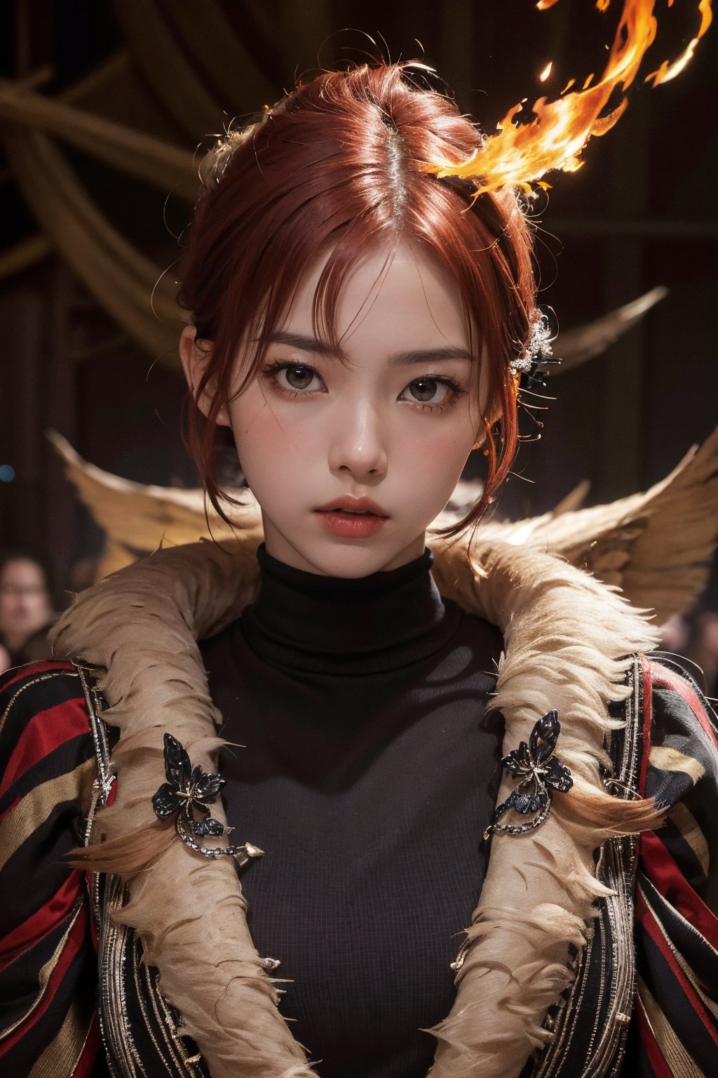 short red hair, 1girl, accessories, piercing, intricate background, fantasy, mythical, misterious, masterpiece, best quality, dynamic angle, cinematic composition, detailed face, fire bang background
,catwalk