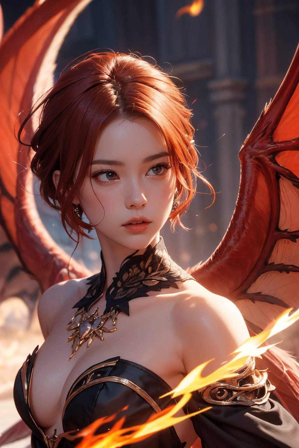 short red hair, 1girl, accessories, piercing, intricate background, fantasy, mythical, misterious, masterpiece, best quality, dynamic angle, cinematic composition, detailed face, fire bang background, fire wings,fire clothing