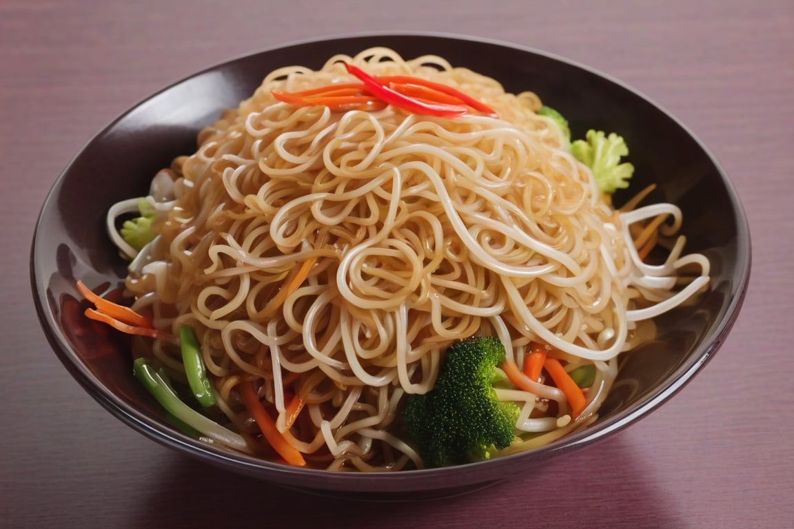 (single portion:1.2), steaming hot, steam, plain fried noodle, asian style, with sliced vegetables, on a small bowl