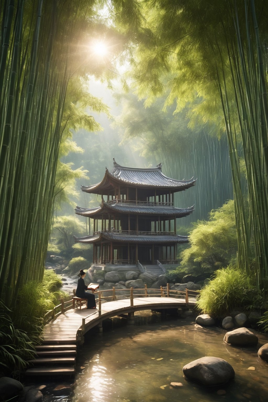 Chinese style, a quiet bamboo forest with a small pavilion and a stream next to it. A classical beauty is sitting in the pavilion playing the piano, and the sun is shining in the bamboo forest.