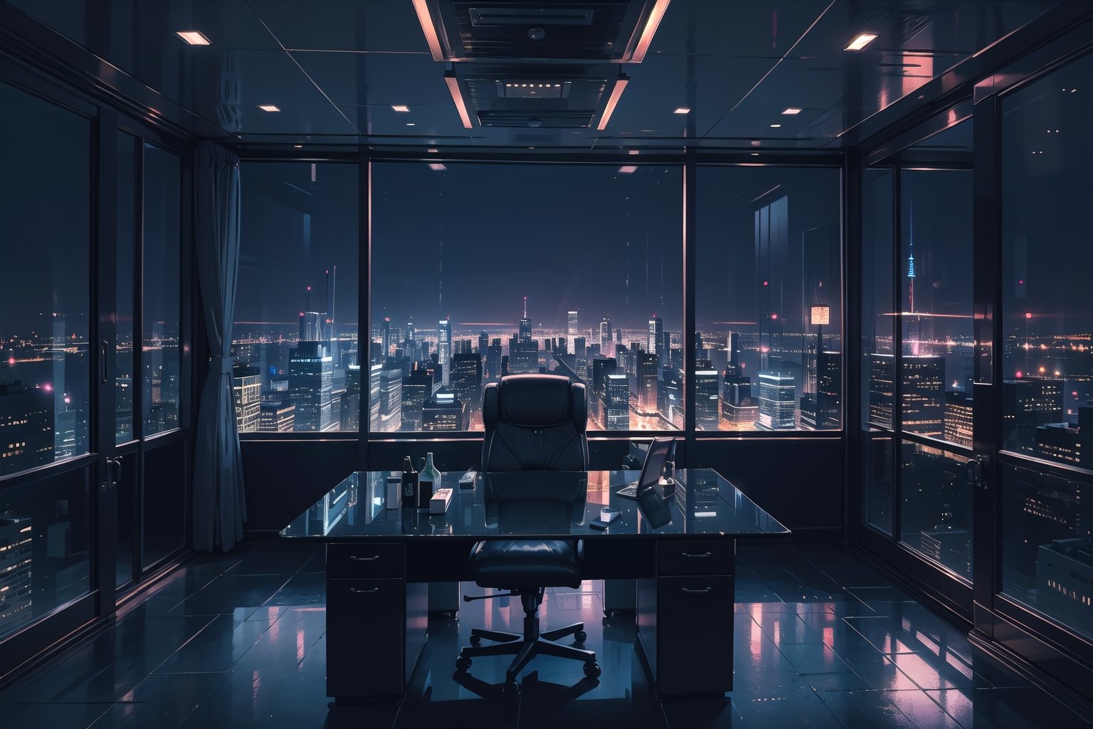 highly detailed, cozy low lights, night charming, night ambience,opulent large office, window glass wall, luxury chairman presidential room, megalopolis at night background, ultra detailed office, very chic, futuristic office, skyscraper night lights