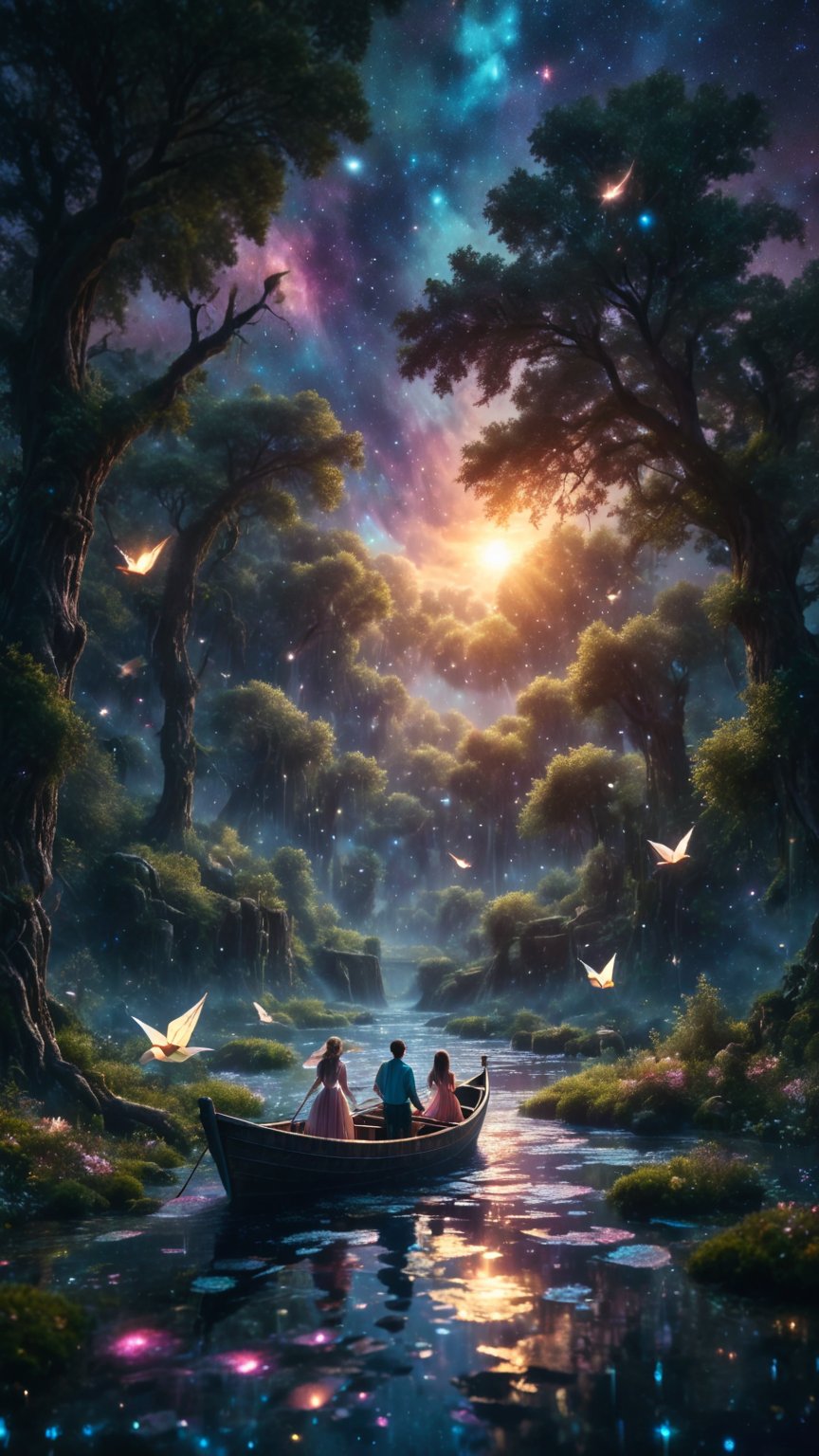 Generate an image of a couple sailing in a paper boat along a river of stars flowing through an enchanted forest, with trees that glow with magical light. Use a palette of soft and bright colors for a dreamy atmosphere.,scenery