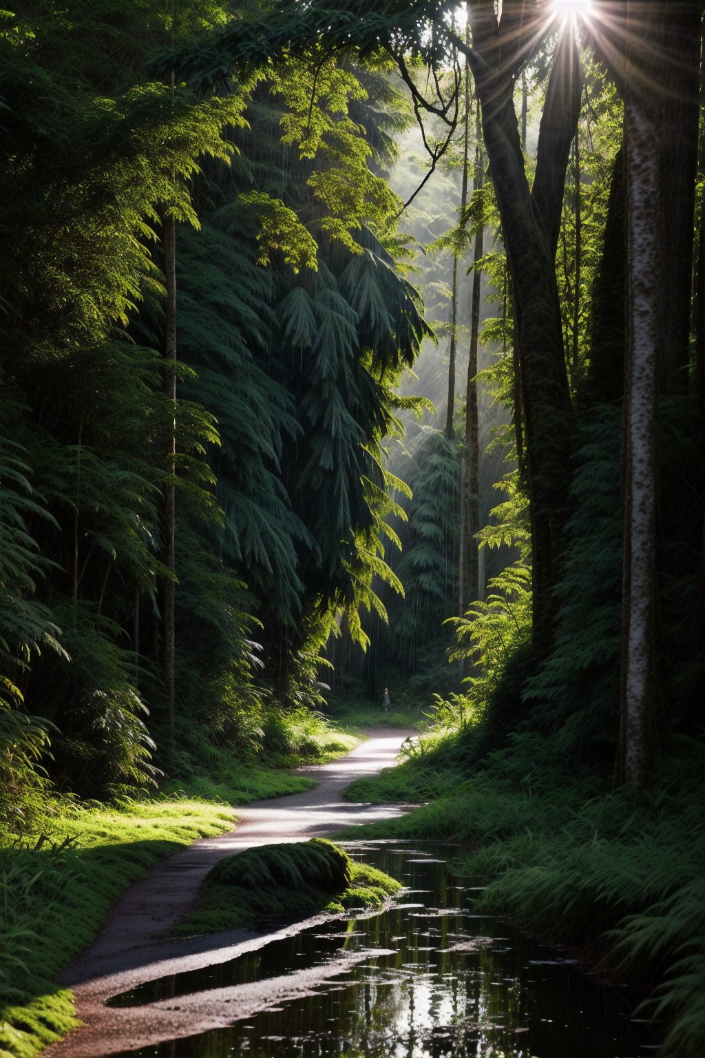 Deep within the rainforest, tall green lush trees, ferns, and flowers, along with animal life, blanket the forest floor. Sunset streams through the tree canopy, creating a scene that is both beautiful and serene, as rain softly descends. deer in the background,,inch0226b