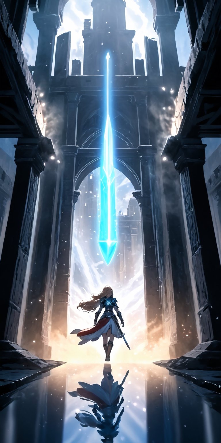 mature warrior girl, alone, levitating among mysterious ruins, armor, power, dynamic angle, magic particles, dust particles, glow, reflection, glitter, glare,6000