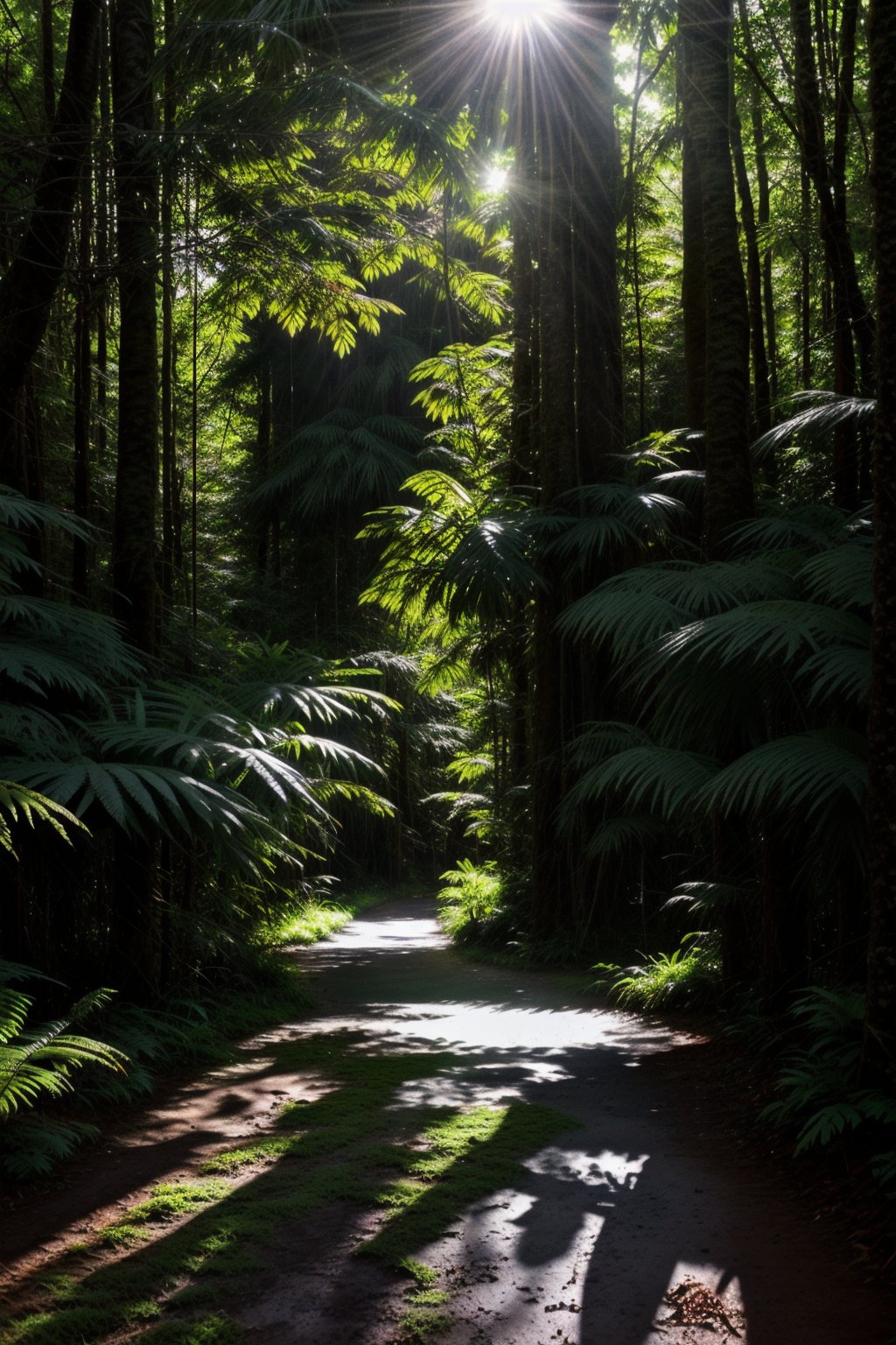 Deep within the rainforest, tall green lush trees, ferns, and flowers, along with animal life, blanket the forest floor. Sunlight streams through the tree canopy, creating a scene that is both beautiful and serene, as rain softly descends. deer in the background,,inch0226b