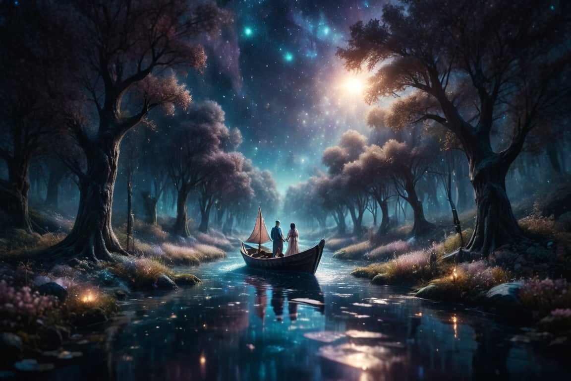 Generate an image of a couple sailing in a paper boat along a river of stars flowing through an enchanted forest, with trees that glow with magical light. Use a palette of soft and bright colors for a dreamy atmosphere.,scenery,glitter