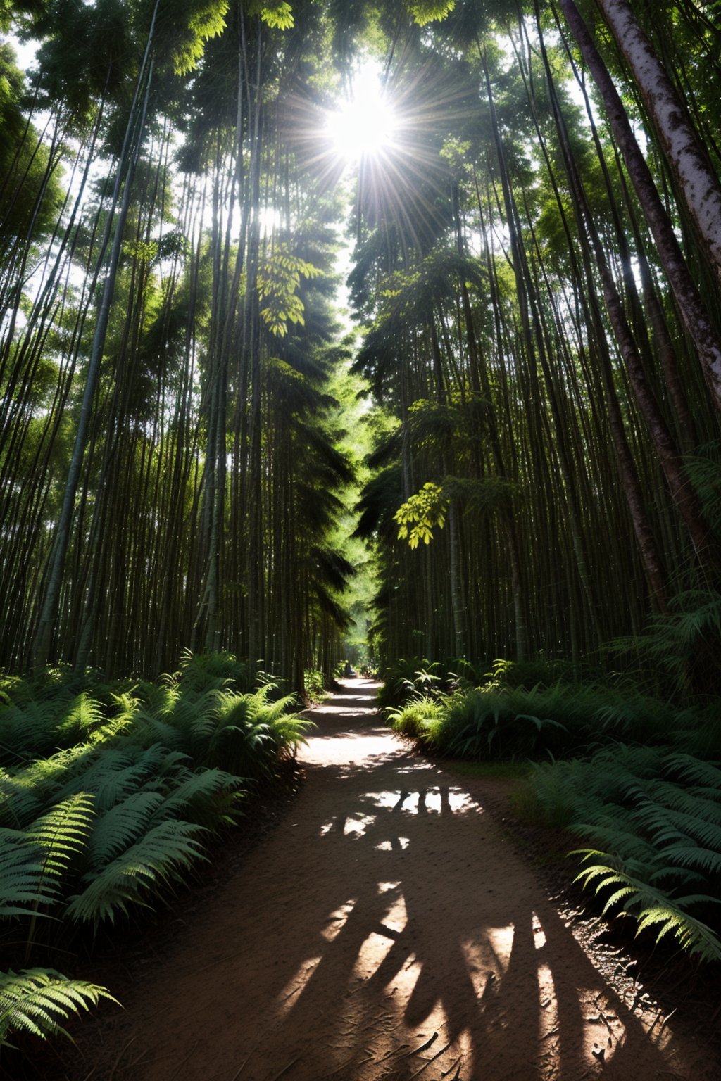 Deep within the bambooforest, tall green lush trees, ferns, and flowers, along with animal life, blanket the forest floor. Sunlight streams through the tree canopy, creating a scene that is both beautiful and serene, as rain softly descends. deer in the background,,inch0226b