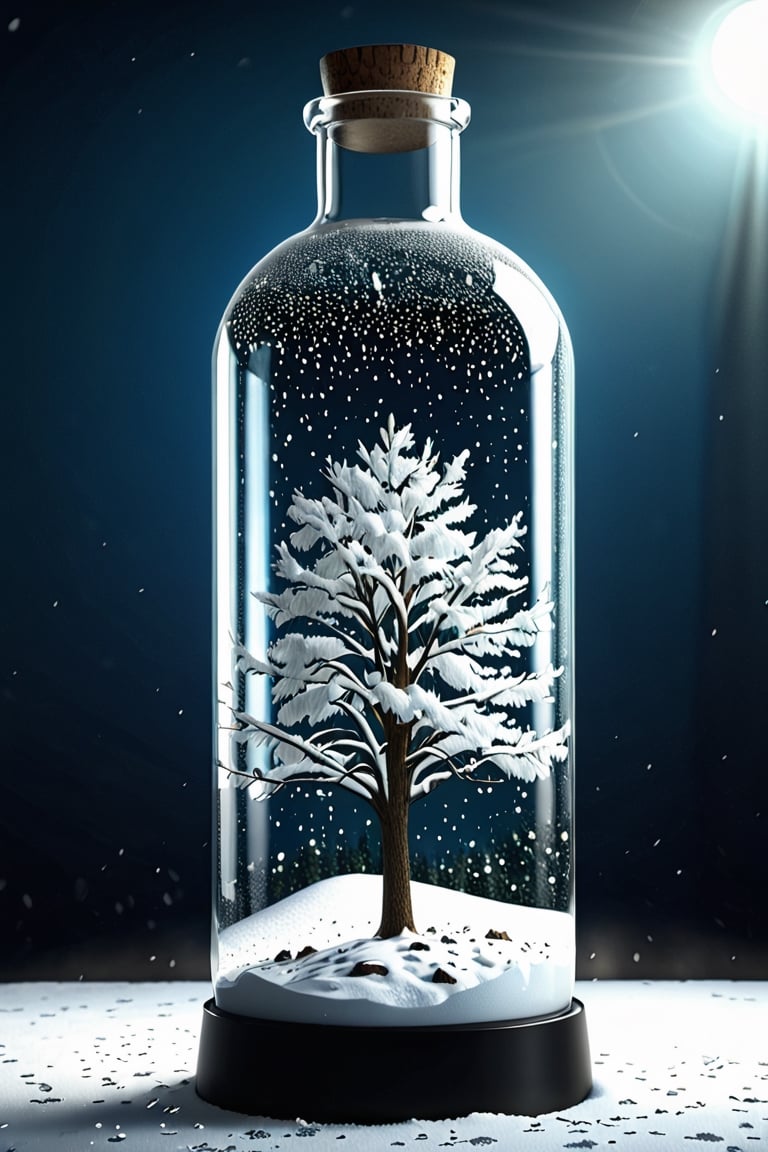 photorealistic, best quaity, 8k, high, winter tree in a bottle, falling_snow